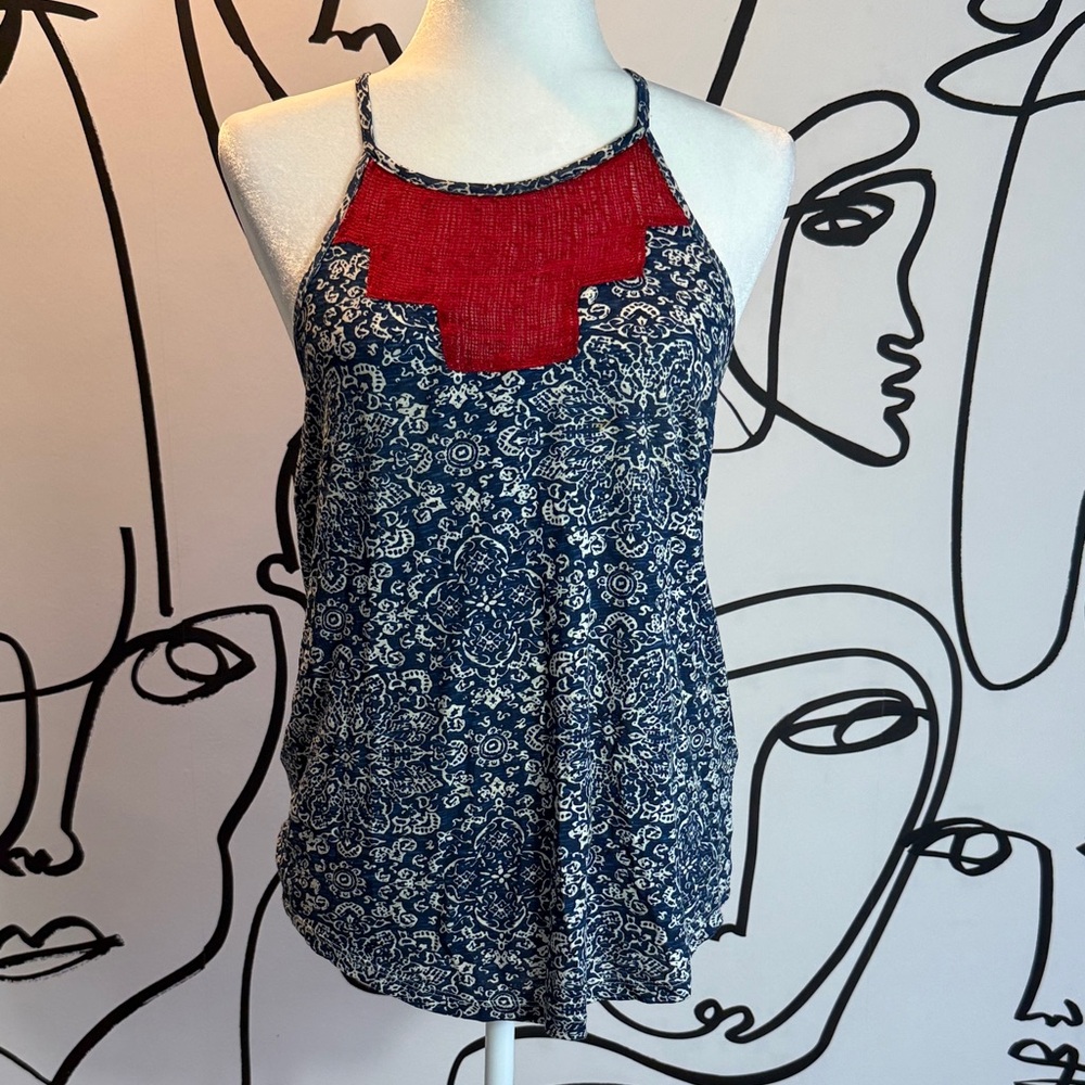 Live in Love Lucky Brand Stylish Red and Blue Patterned Boho Top